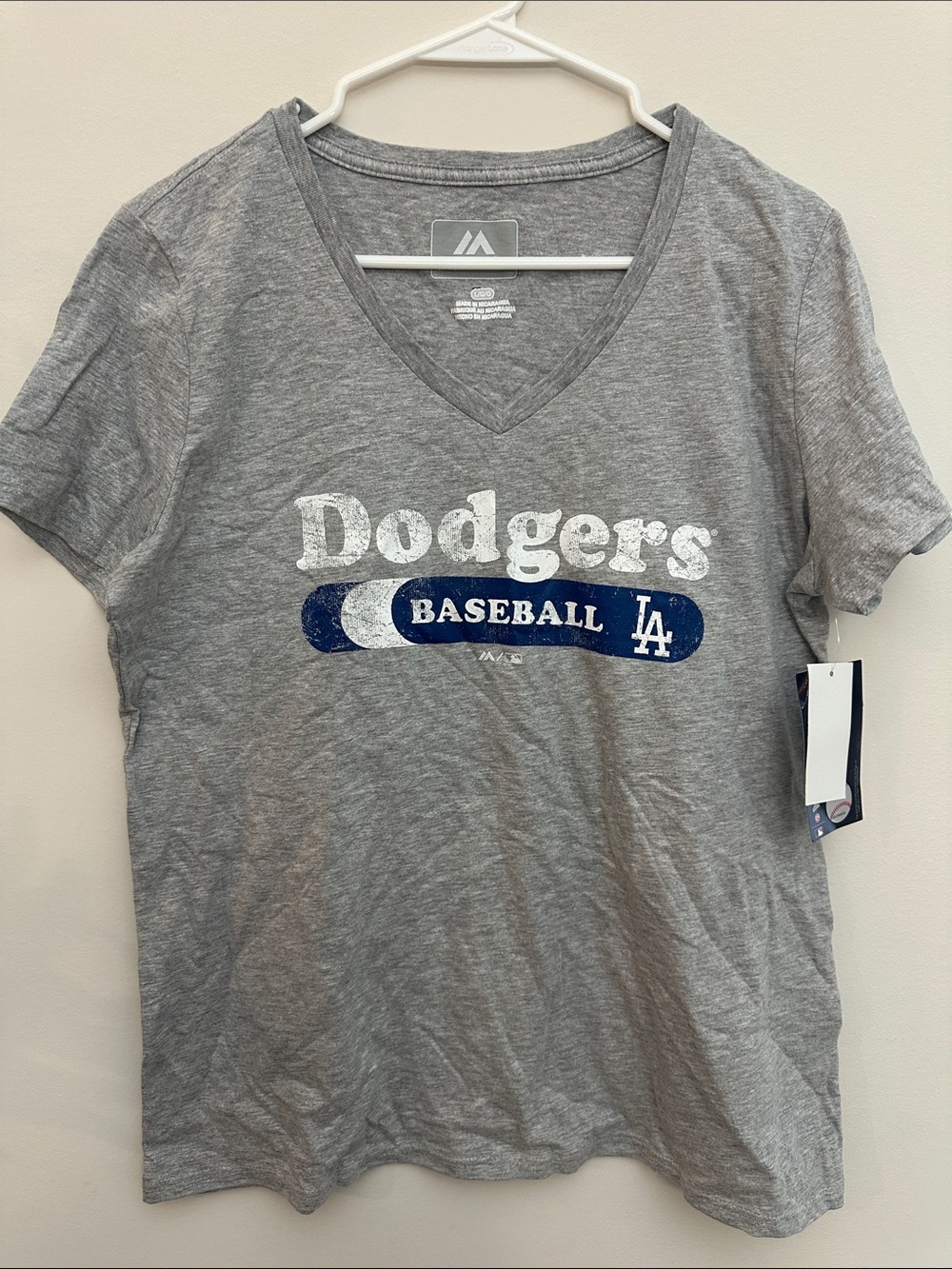 Majestic Dodgers Gray V-Neck Tee with Blue and White Logo